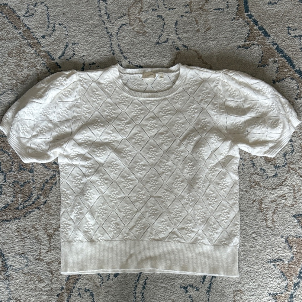 White Textured Short Sleeve Sweater